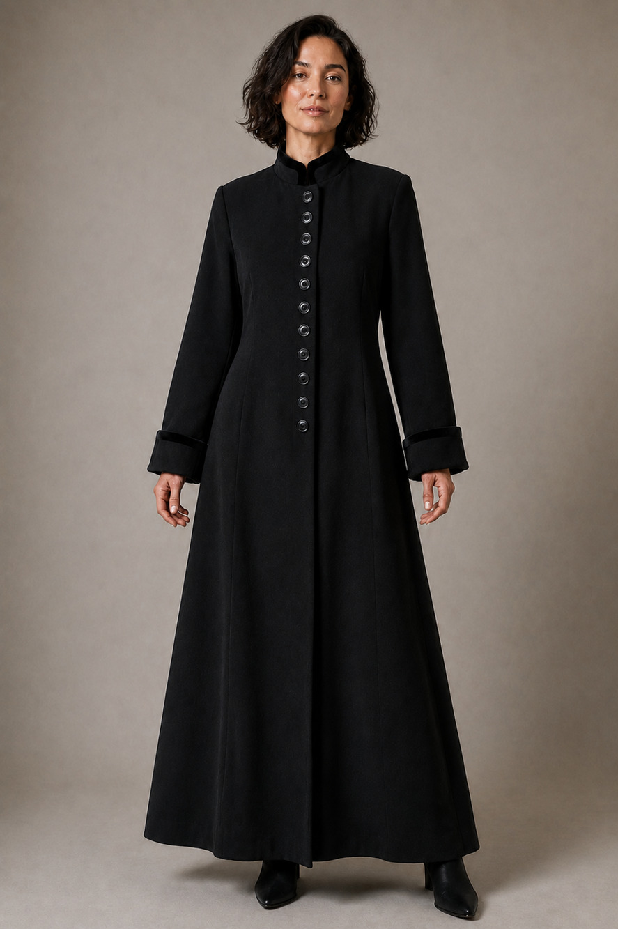 Vintage Long Wool Womens 14 L Dress Coat Velvet Trim Cuffed A-Line Button Front